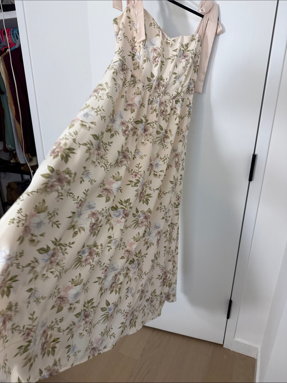 Women's Cream Floral Midi Dress with Tie Straps - Picture 5 of 7